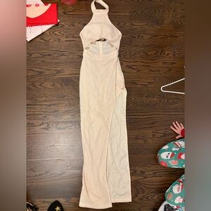 Fashion Nova off white cut out dress with slit, seashell detailing sz small